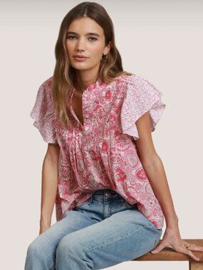 Dylan Pin-Tuck Blouse Pink Floral Paisley Sz Small Euro Summer Boho Beach Resort